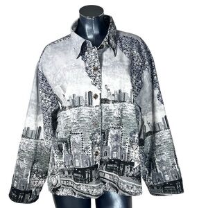 VTG RAAKHEE Sequin Black White City Skyline Button Up Top Women's Size 1X